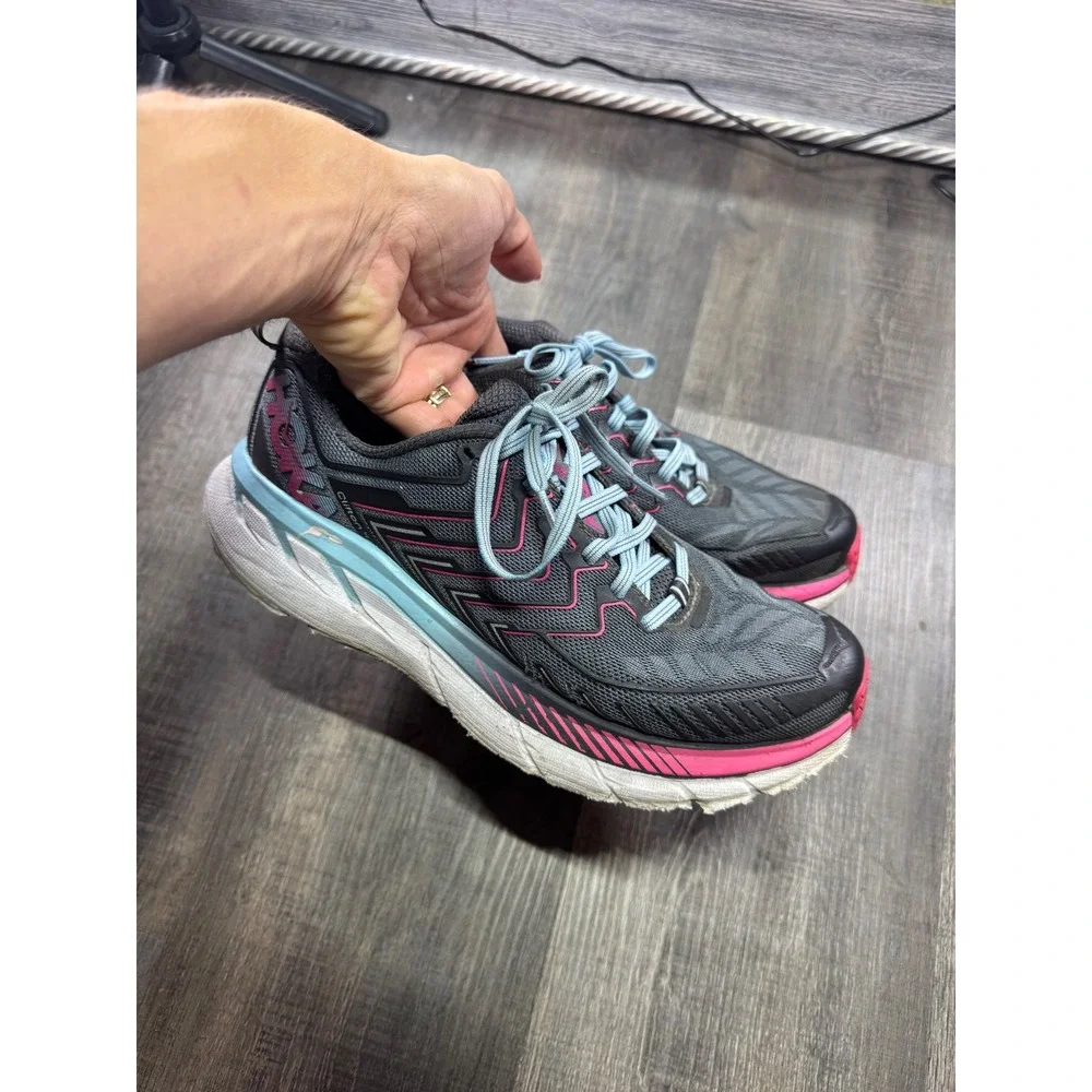 Hoka One One Clifton 4 Womens Running Shoes Grey Pink Blue 1016724 Size 8